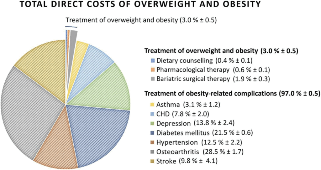 Figure extraite de Steinl D, Holzerny P, Ruckdäschel S, Fäh D, Pataky Z, Peterli R, Schultes B, Landolt S and Pollak T (2024) Cost of overweight, obesity, and related complications in Switzerland 2021. Front. Public Health.